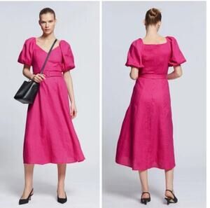 & Other Stories Pink Linen Puff Sleeve Midi Dress Cottagecore Size‎ 2